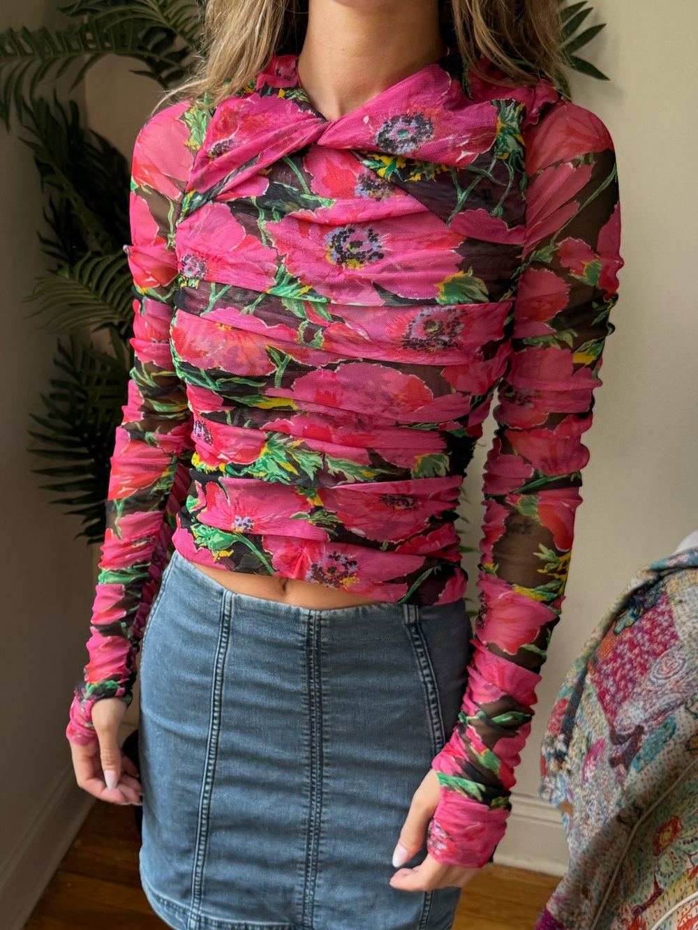 Floral Pink Ruched Long-Sleeve Mesh Top